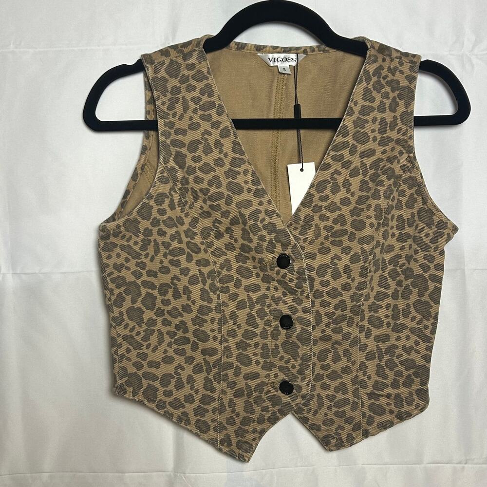 NWT Vigoss Leopard Animal Print Cropped Vest Waistcoat Tan Brown Denim Boho S